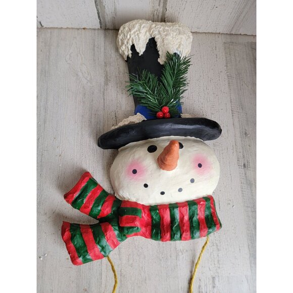 Vintage paper mache happy holiday snowman face hanging sign Xmas decor - Picture 4 of 6